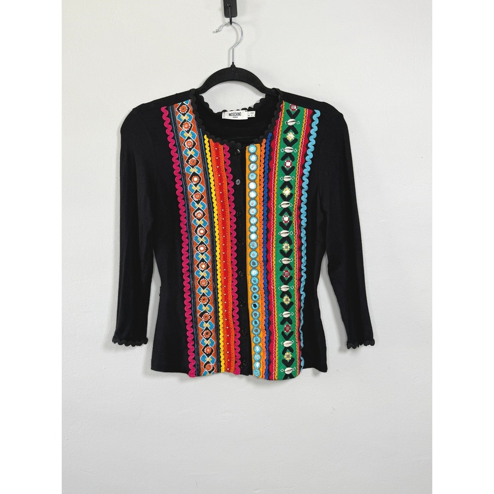 Moschino Jeans Top Size 6 Black Cotton Embroidered Eclectic Folk Button Front